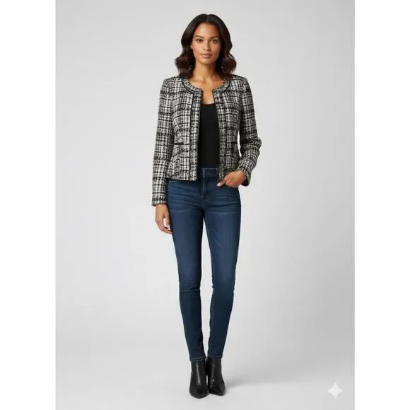 Ann Taylor Tweed Boucle Wool Blazer Women’s 8 Black Grey Blue Jacket Zip Office - Picture 2 of 8